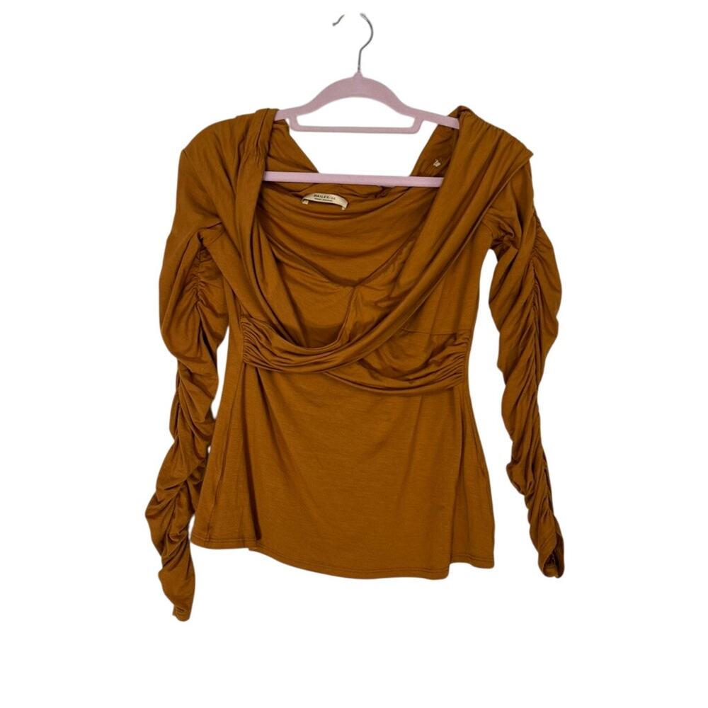 Bailey / 44 Rust Brown Long Ruched Sleeves Deep V-Neck Stretchy Blouse Size‎ M
